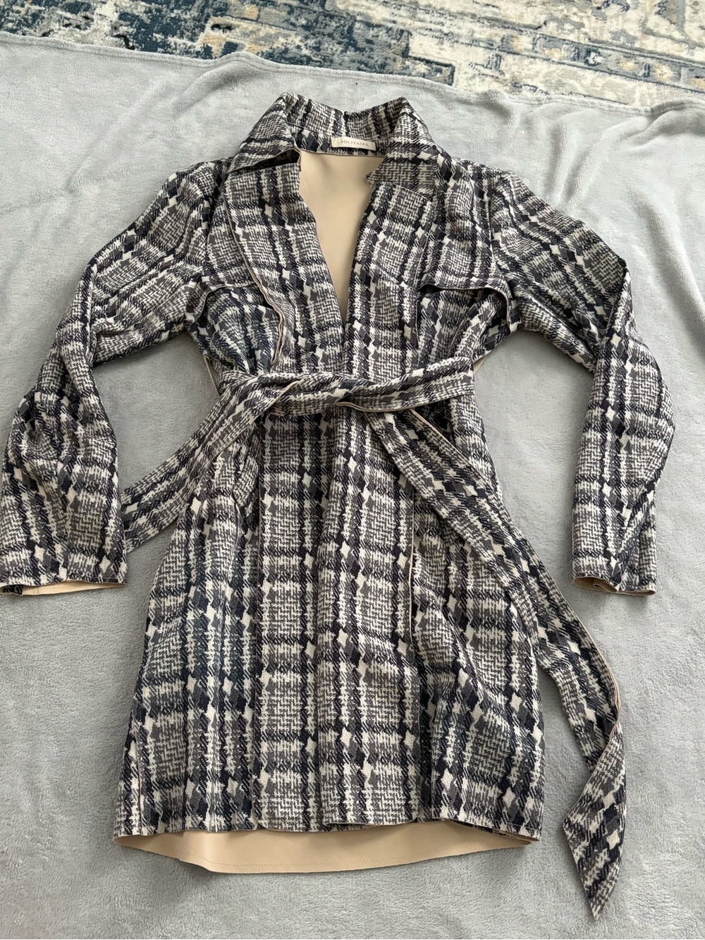 Solitaire Black & White Plaid Belted Trench Coat